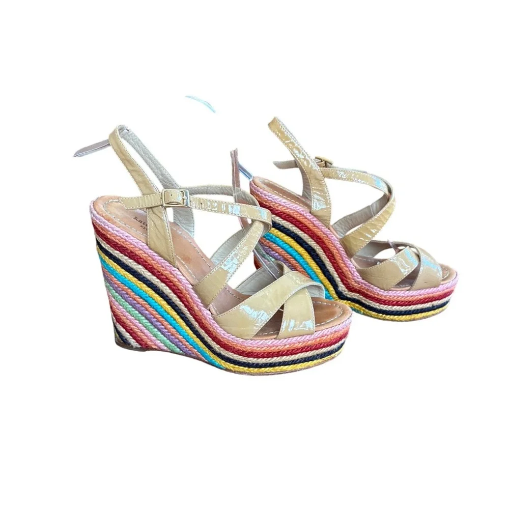 Kate Spade New York Rainbow Wedge Sandals Nude Patent Leather Ankle Strap 8.5